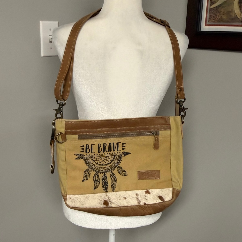 Sixtease Be Brave Canvas Cowhide Leather Crossbody Messenger Bag Tan Boho